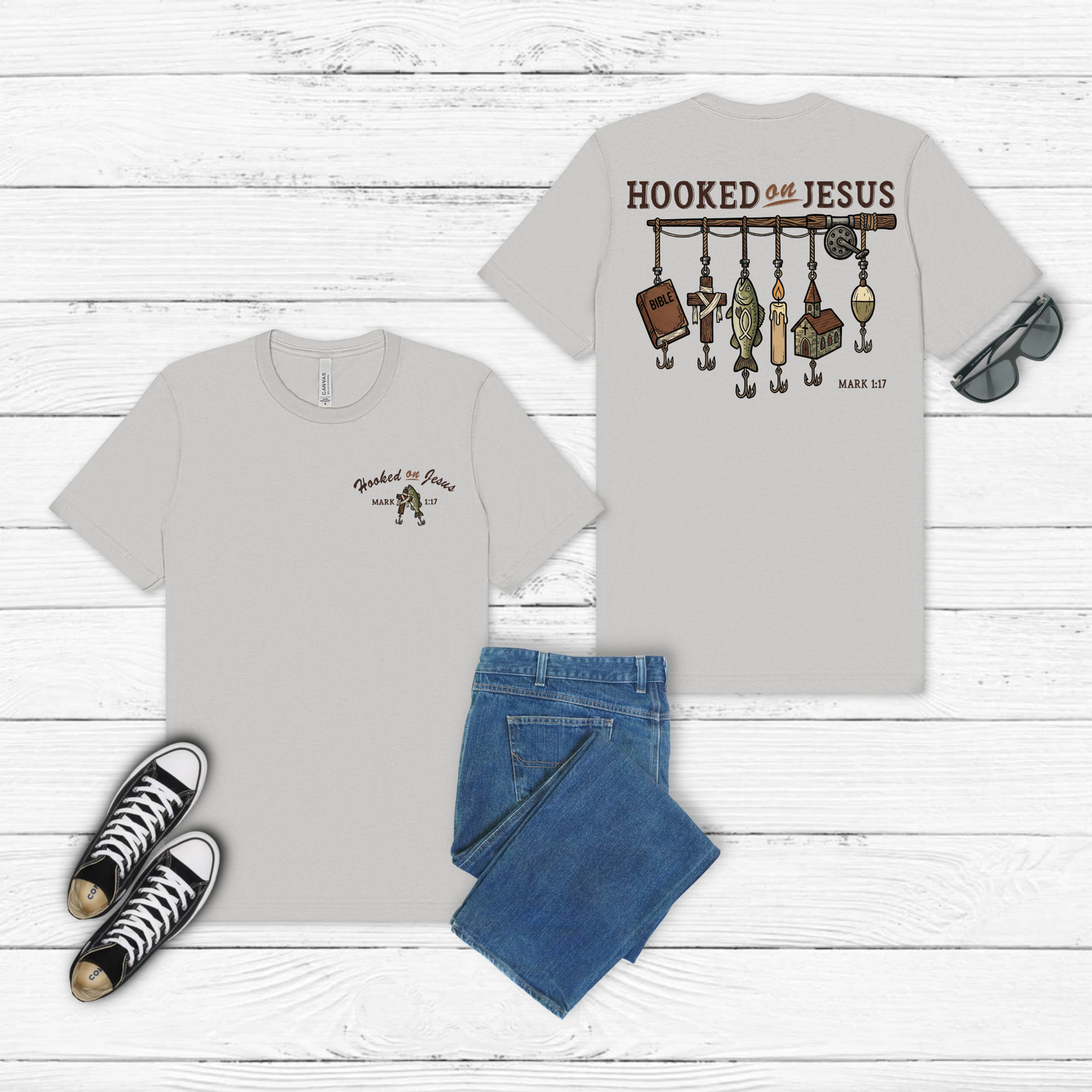 Hooked on Jesus – Mark 1:17 Christian Fishing Shirt