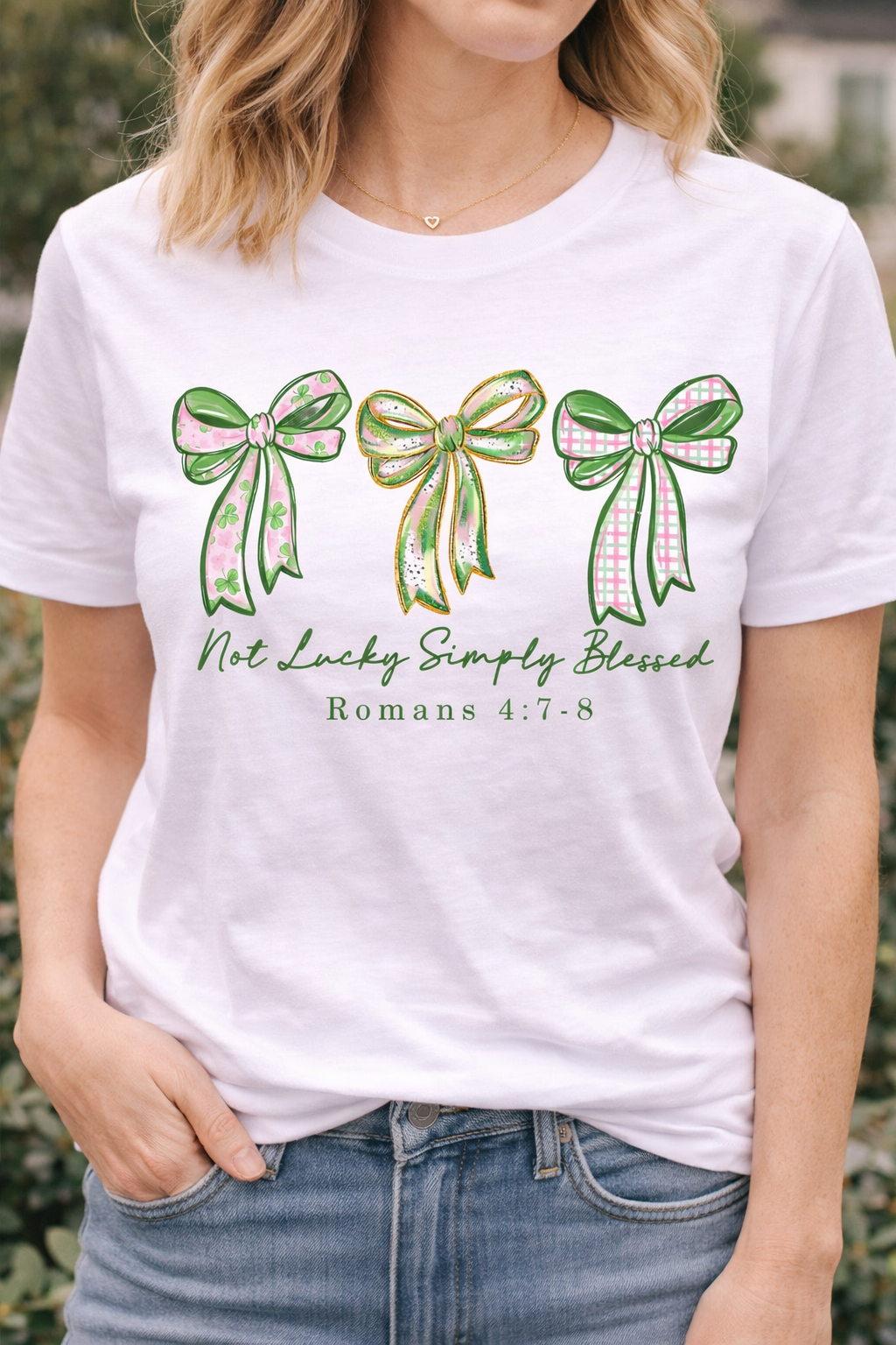 St. Patrick's Day Not Lucky, Simply Blessed Bow Trio Christian T-Shirt