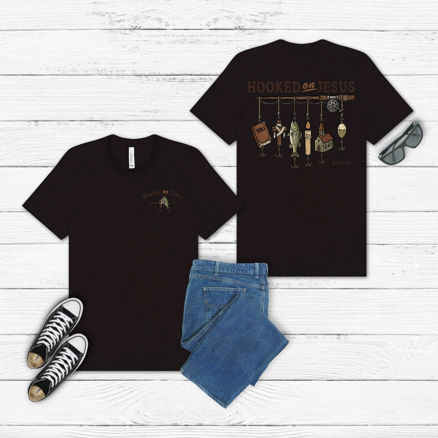 Hooked on Jesus – Mark 1:17 Christian Fishing Shirt