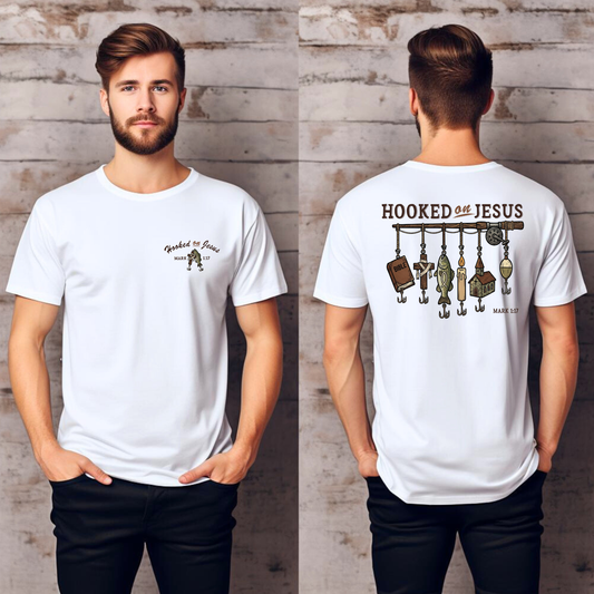 Hooked on Jesus – Mark 1:17 Christian Fishing Shirt